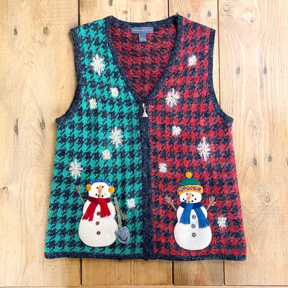 Northern  Isles Christmas Sweater Vest Snowman Houndstooth Wool Blend